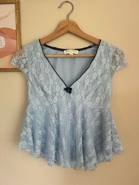Light Blue Lace Peplum Blouse with Navy Trim